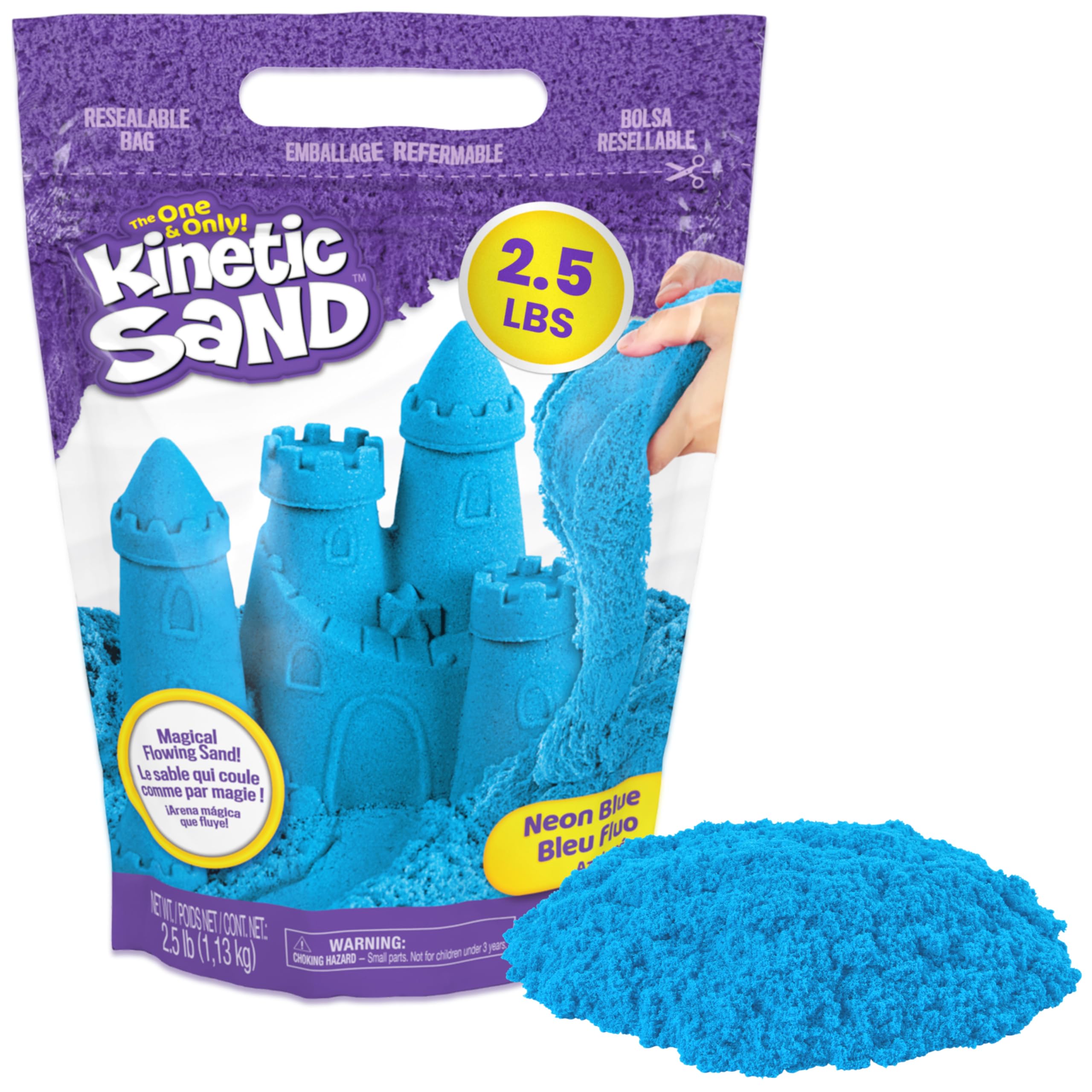 Kinetic Sand bolsa frontal azul mostrando presentación y cierre resellable