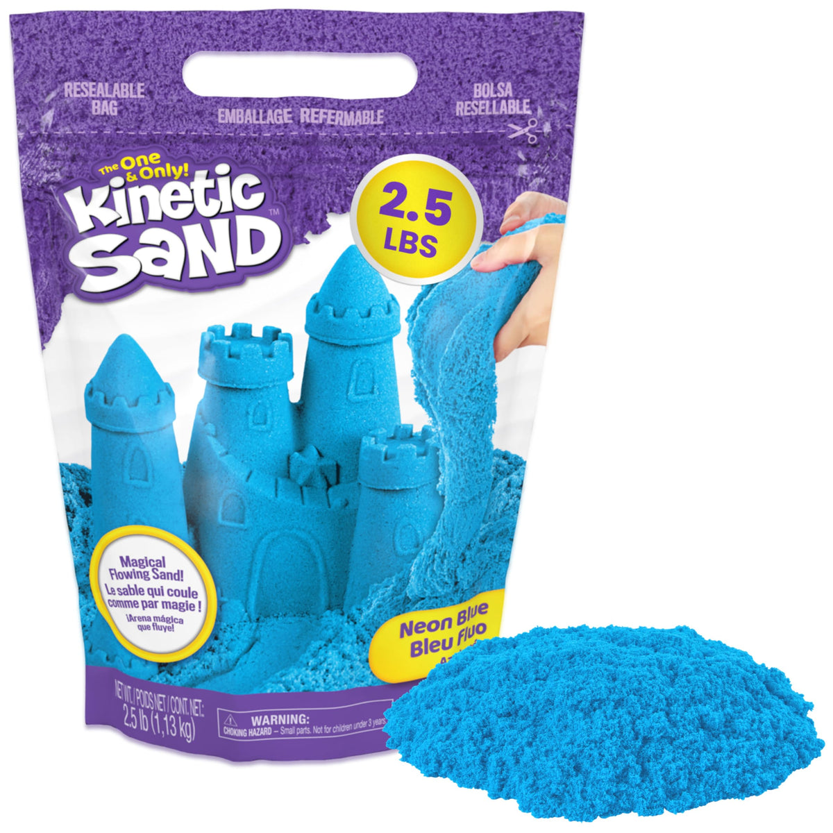 Kinetic Sand bolsa frontal azul mostrando presentación y cierre resellable