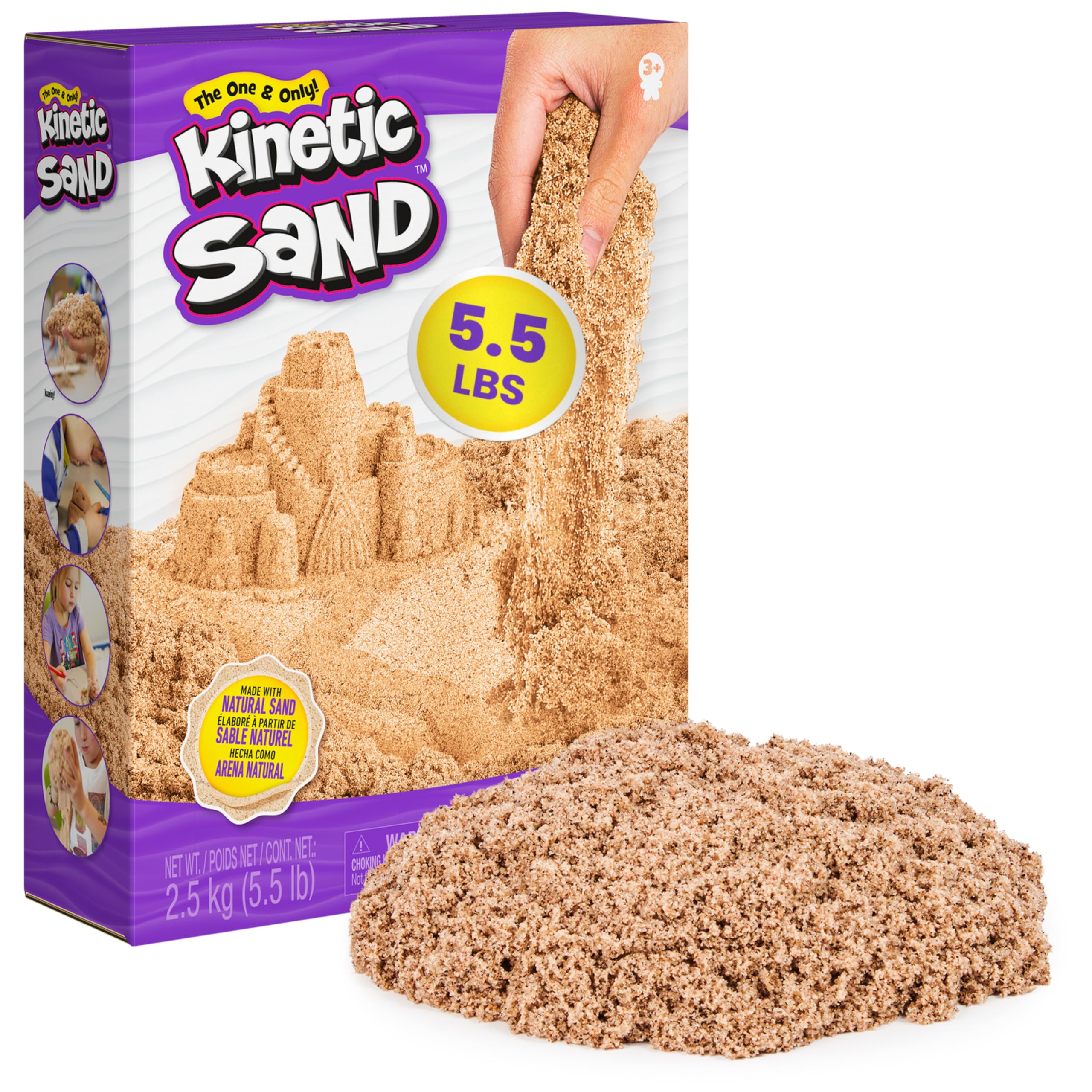 Kinetic Sand envase frontal mostrando 2,5 kg para juego duradero