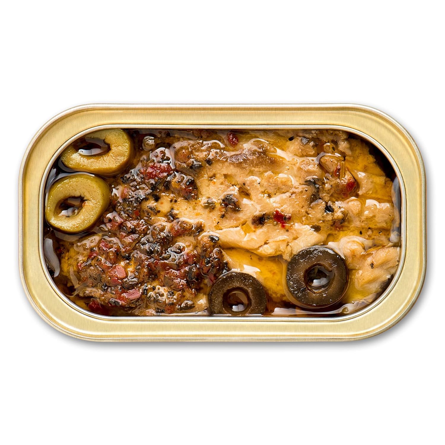King Oscar aceitunas y pimiento rojo acompañando la caballa, sabor mediterráneo