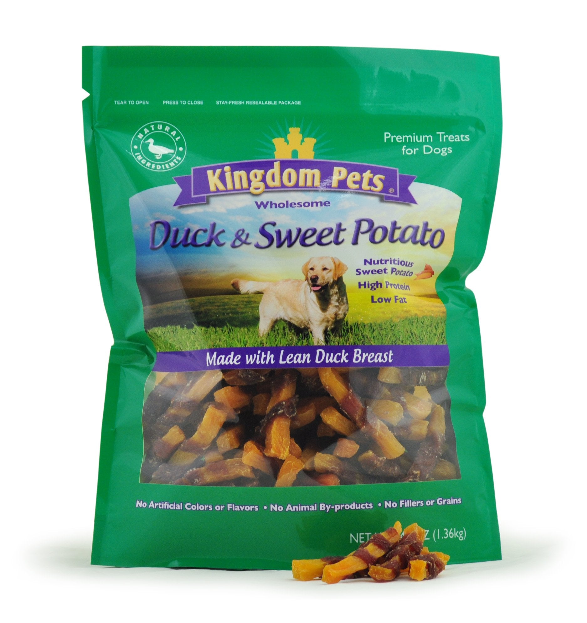 Kingdom Pets frente de la bolsa mostrando 3 libras y beneficio de porciones abundantes