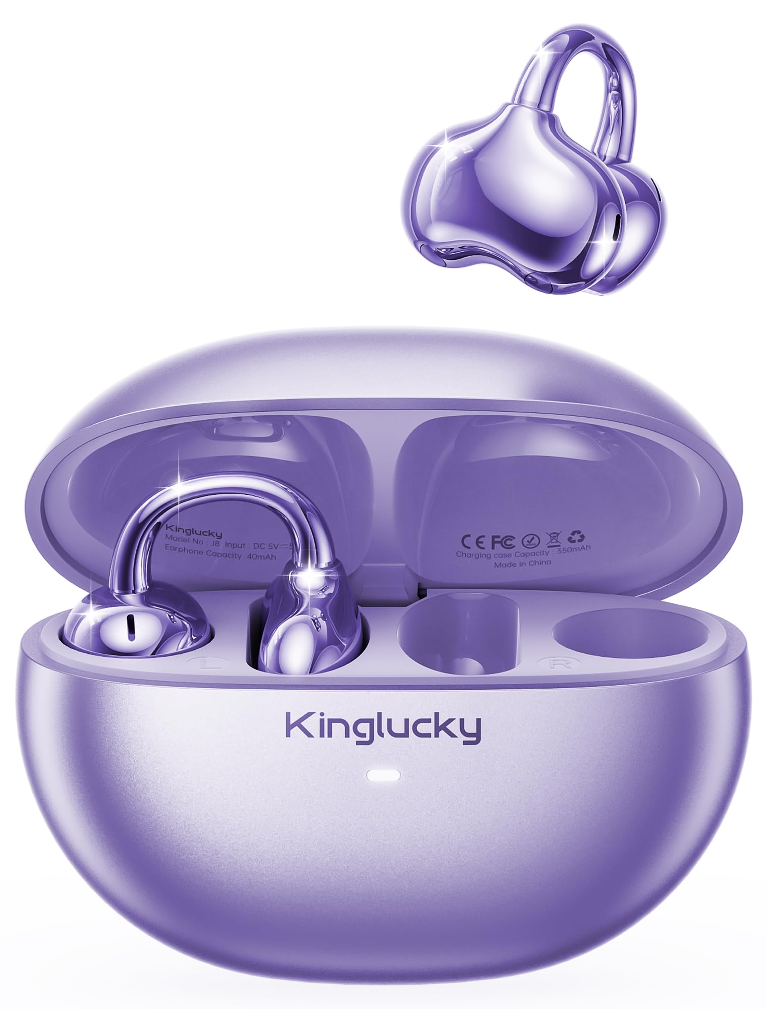 Kinglucky front packaging in purple showing earbuds and case, highlights improved battery