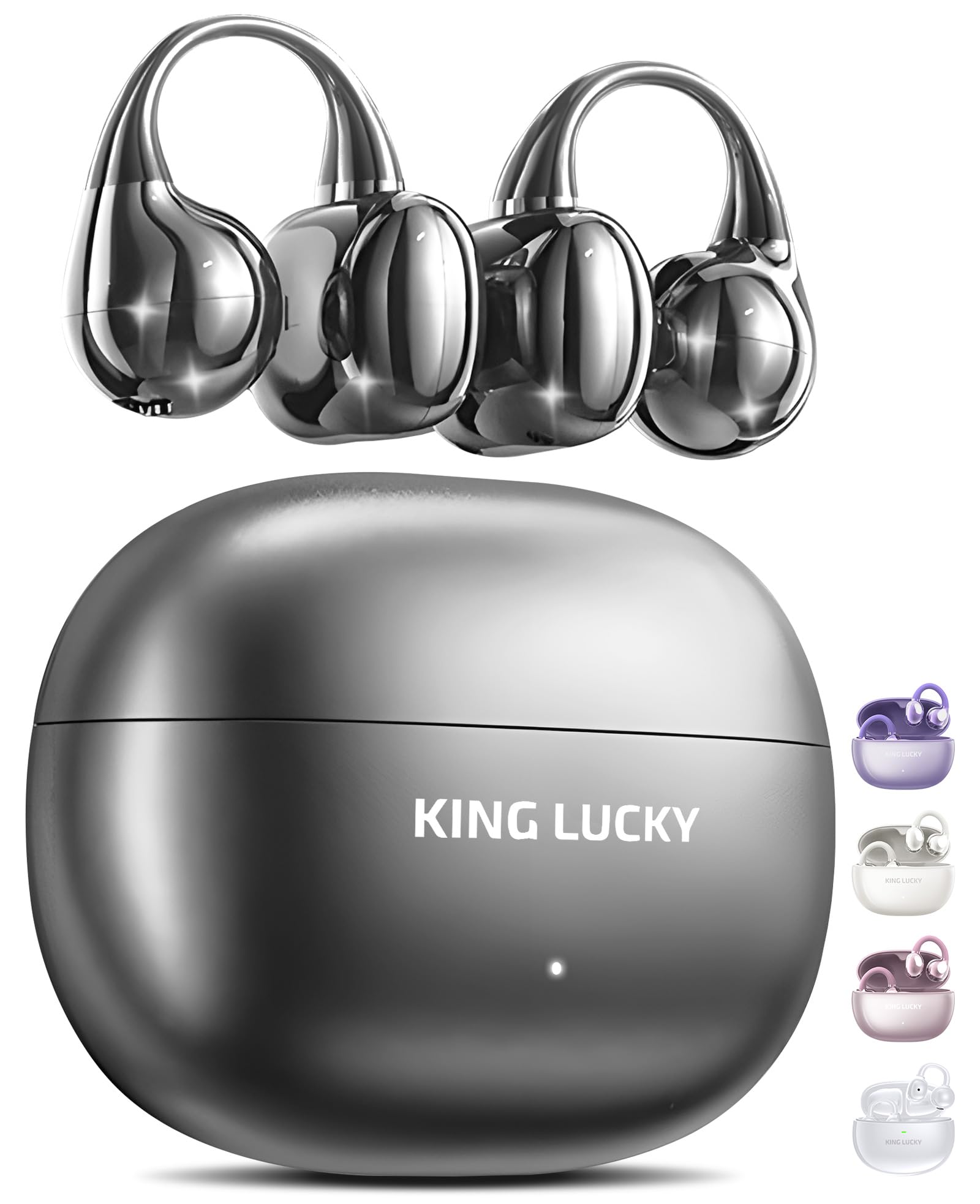 King Lucky vista frontal del estuche y auriculares, estilo y portabilidad