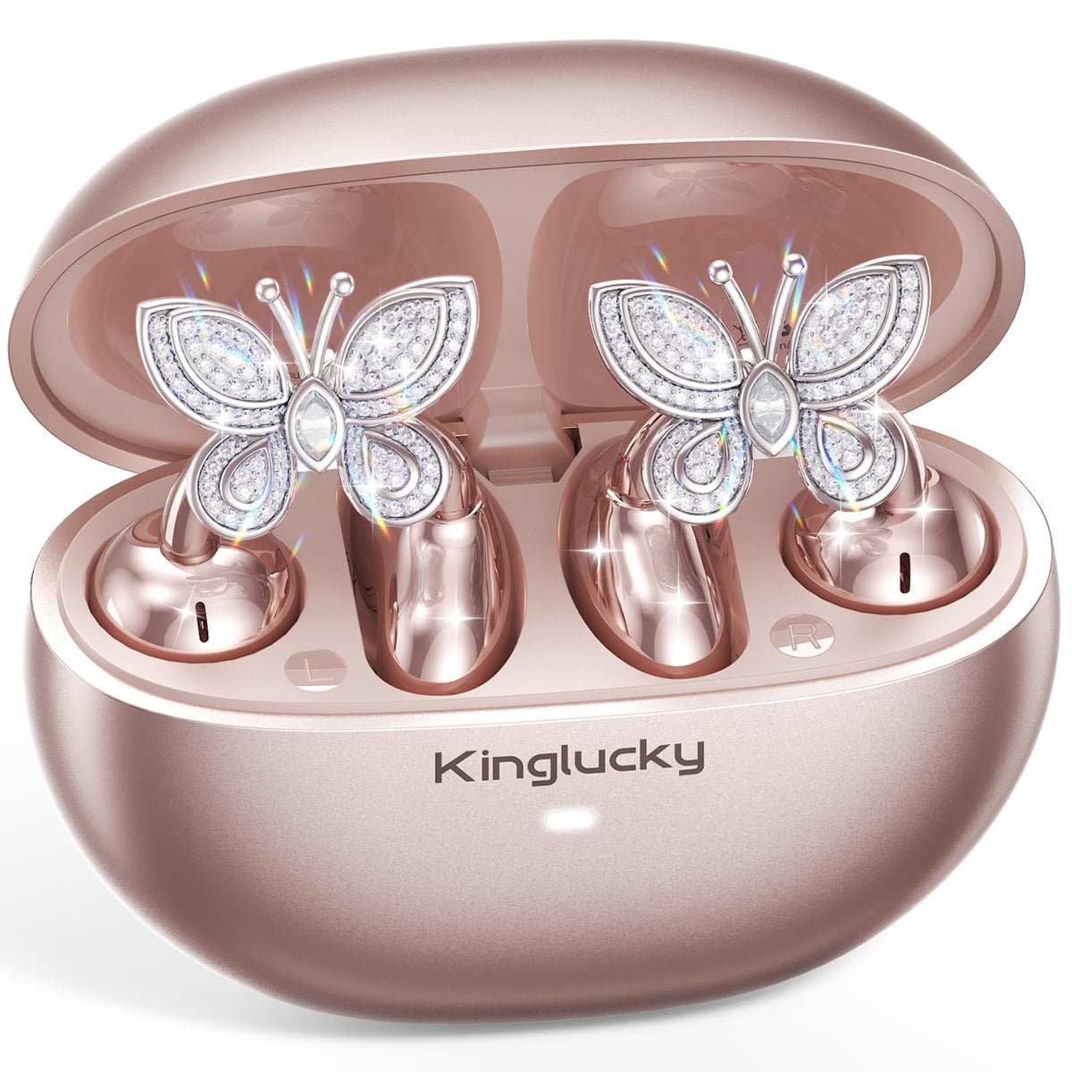 Kinglucky frontal muestra estuche y auriculares, elegante y práctico