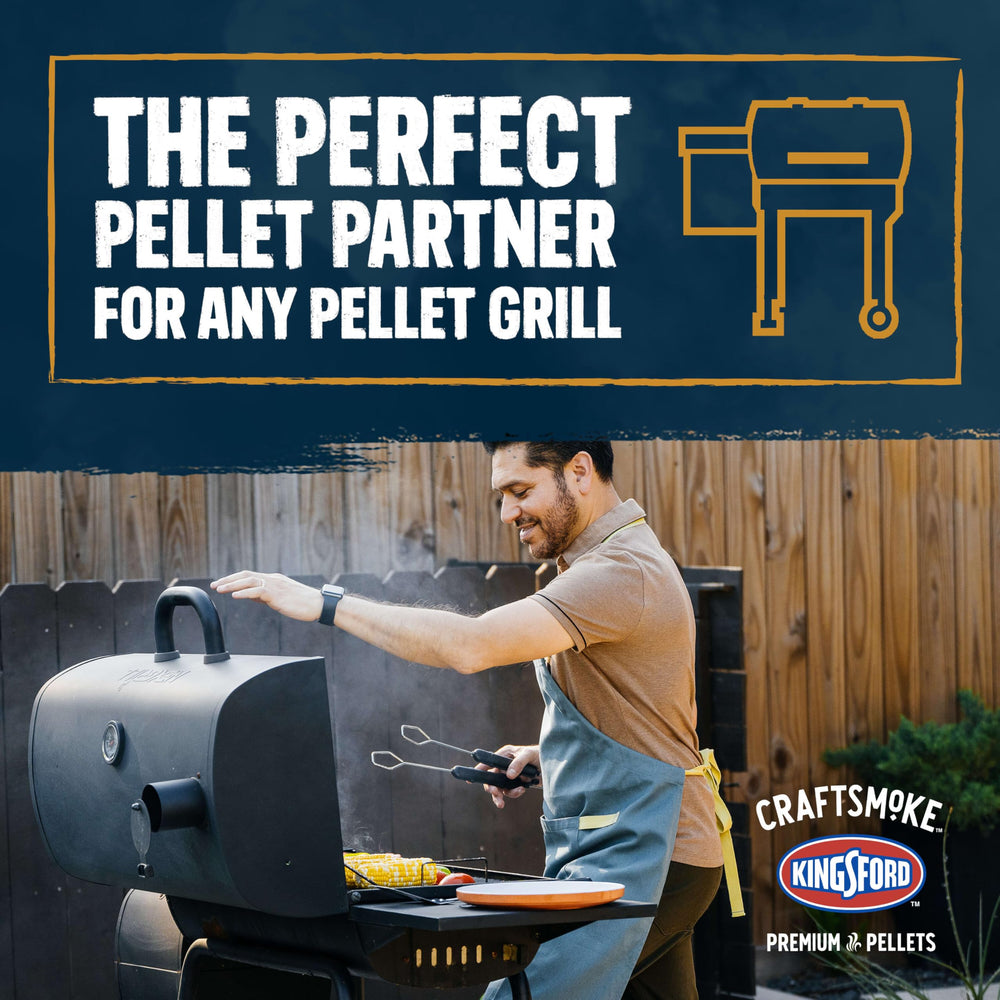 Kingsford Craftsmoke pellets alimentando una parrilla de pellets para sabor consistente