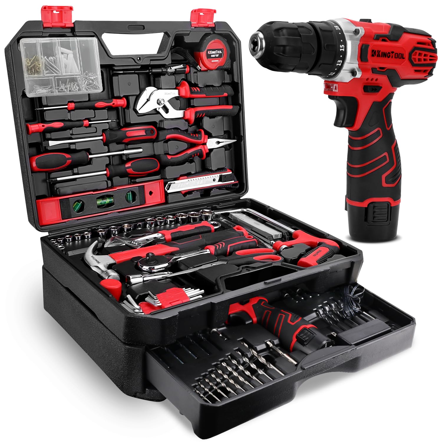 KingTool maletín frontal rojo y negro mostrando organización y capacidad