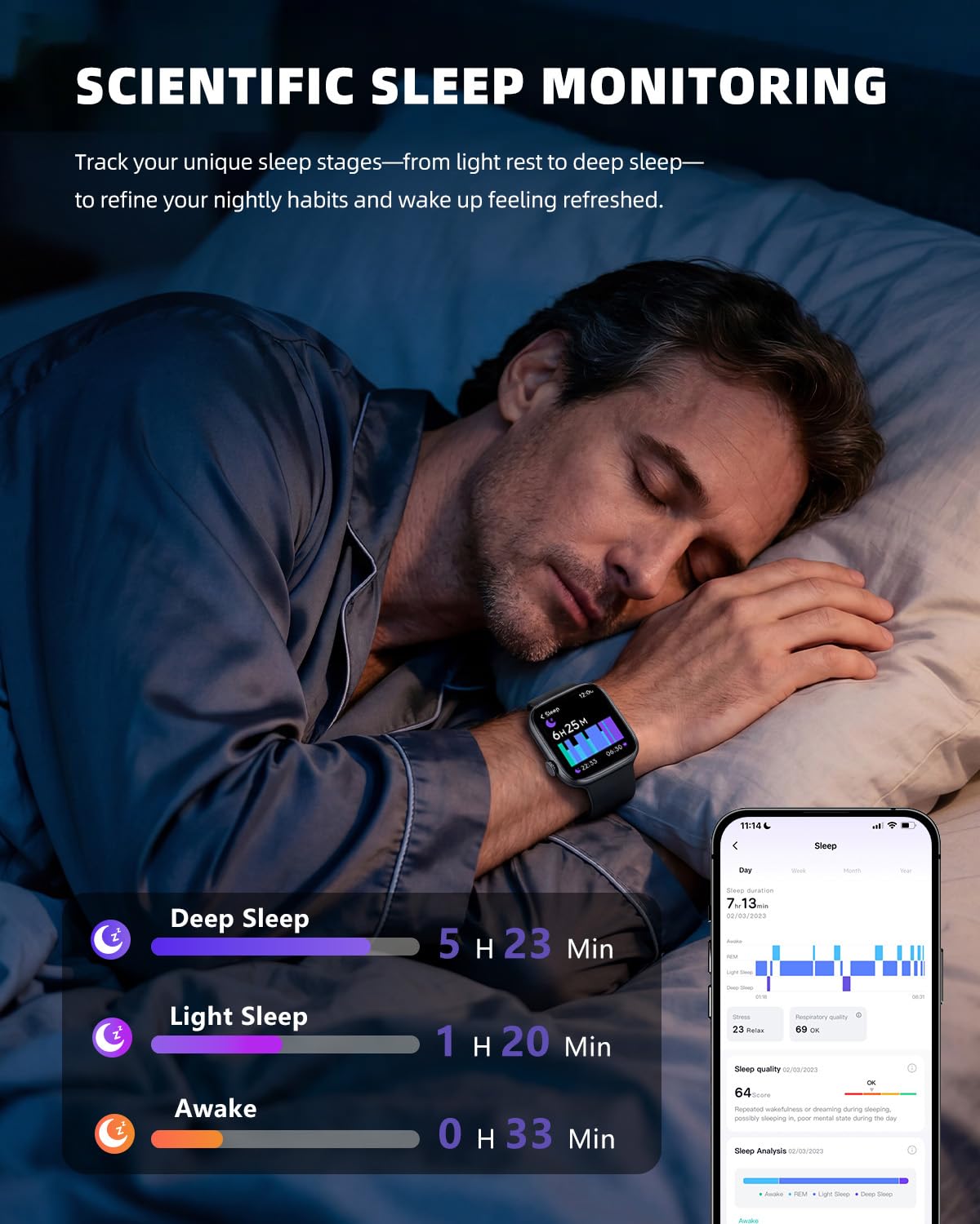 KIPTUMTEK T7 pantalla de sueño mostrando análisis nocturno reparador