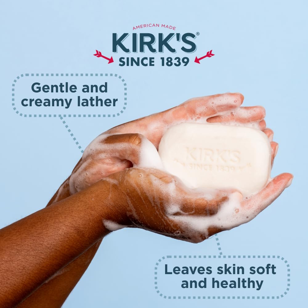Kirk's etiqueta y lista de ingredientes destacando sin sulfatos ni parabenos