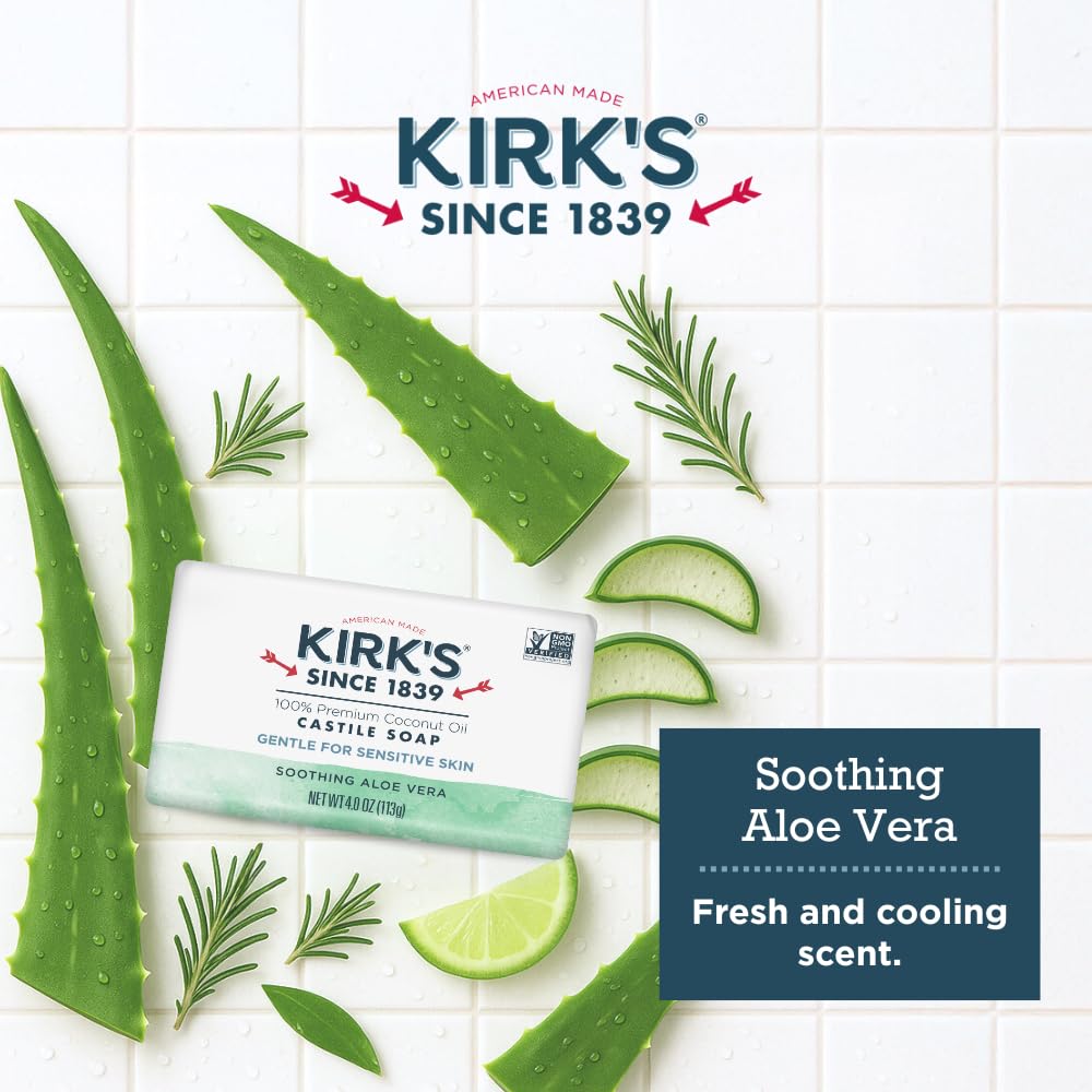 Kirk's etiqueta con ingredientes y aloe que resalta transparencia