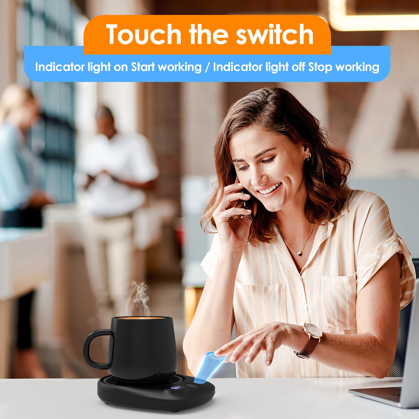 KitchekShop calentador comparación de tamaño junto a una taza, muestra escala y ajuste para tazas comunes