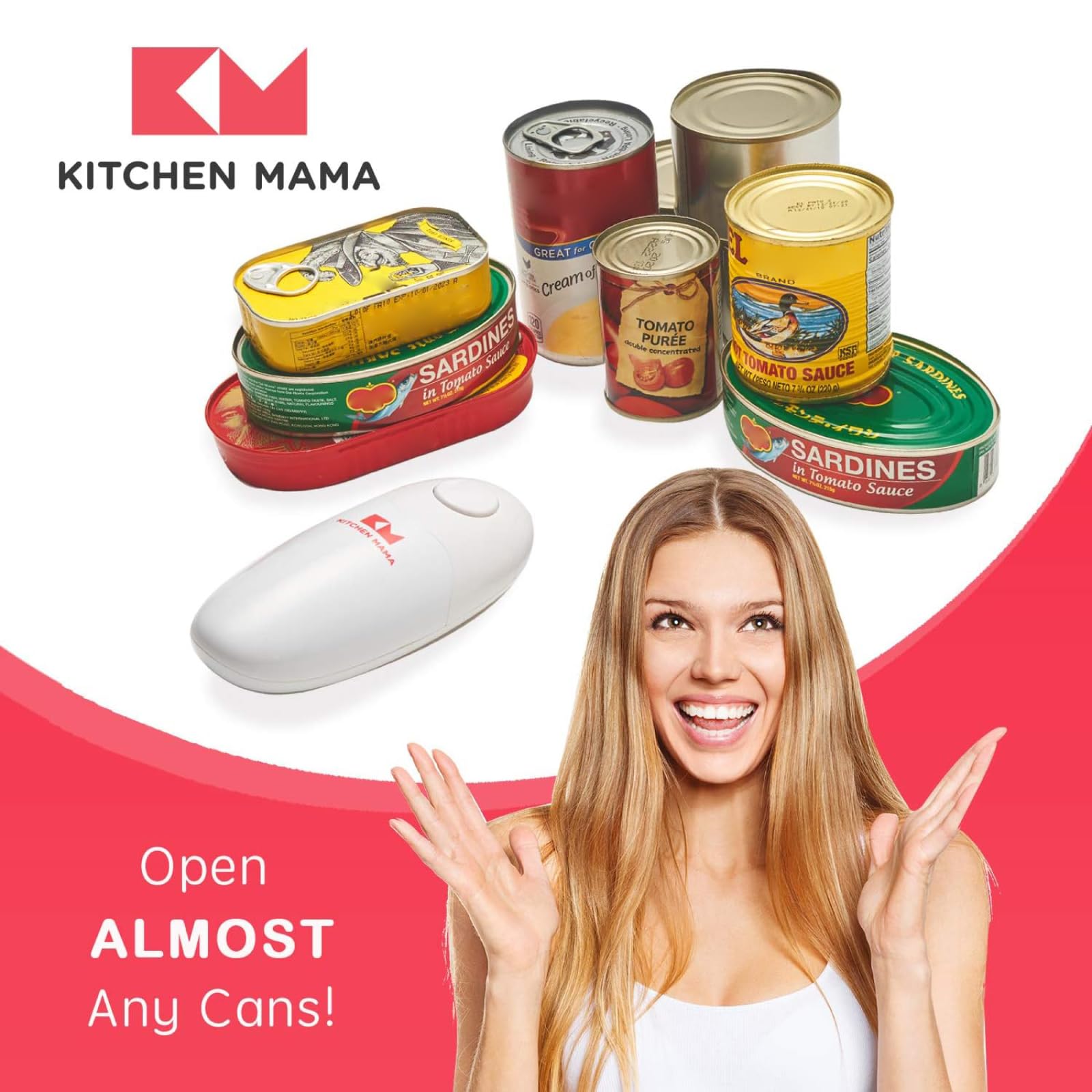 Kitchen Mama abrelatas junto a objetos para comparar tamaño y portabilidad