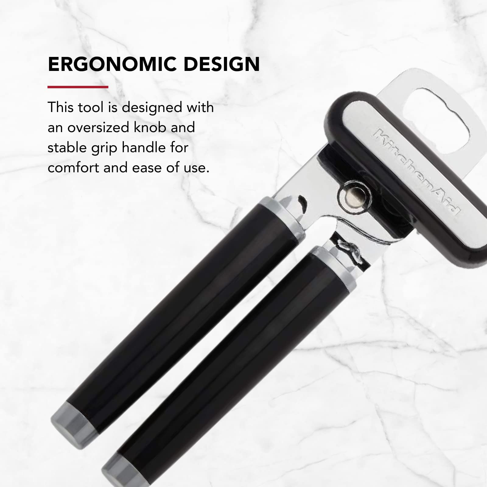 KitchenAid comparación de tamaño del abridor junto a utensilios de cocina comunes