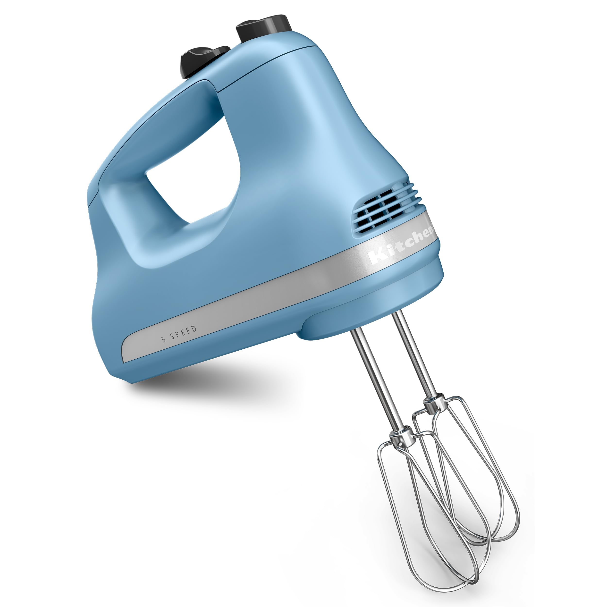 KitchenAid batidora de mano frontal Blue Velvet mostrando controles y diseño ergonómico