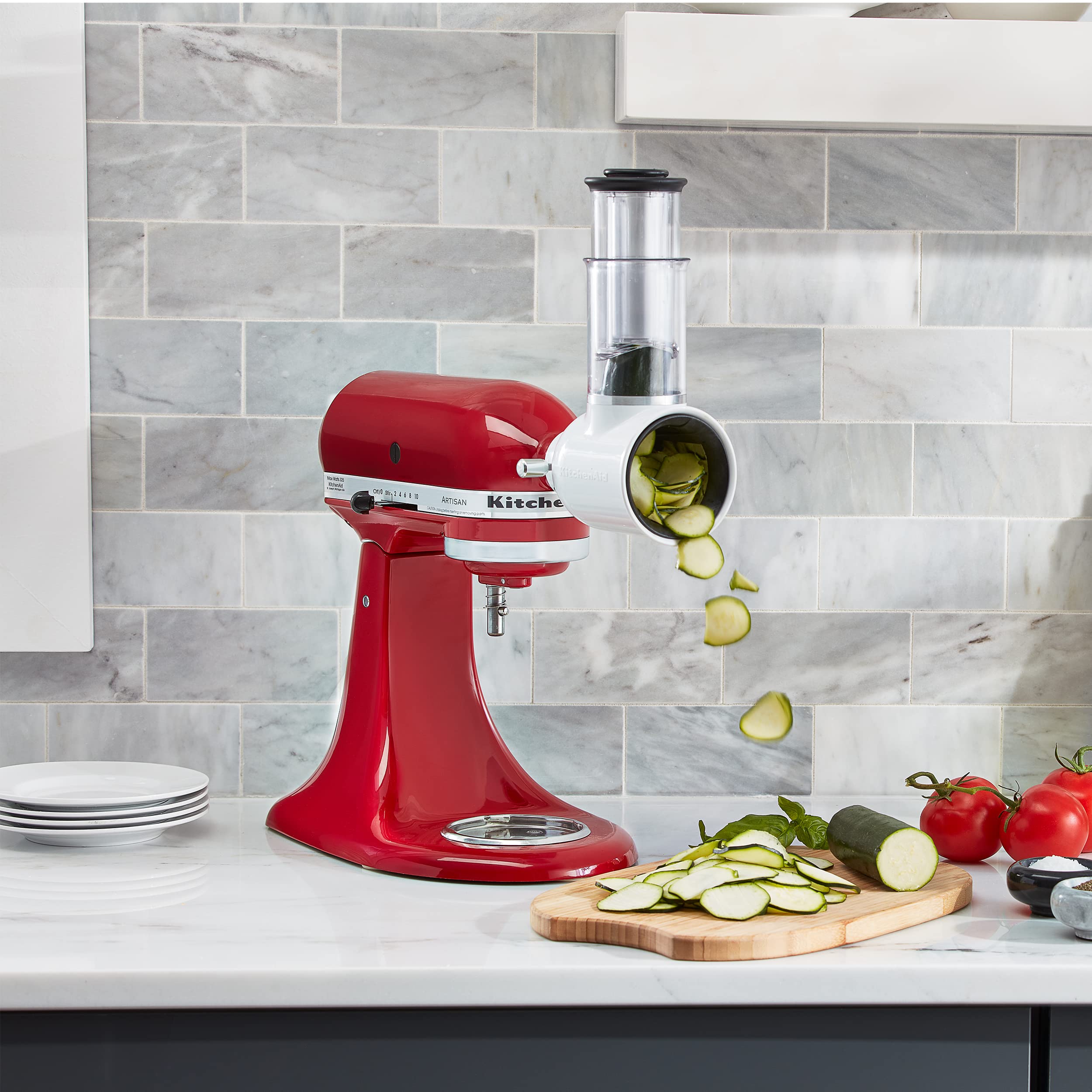 KitchenAid estuche abierto con discos y empujador, guarda organizado