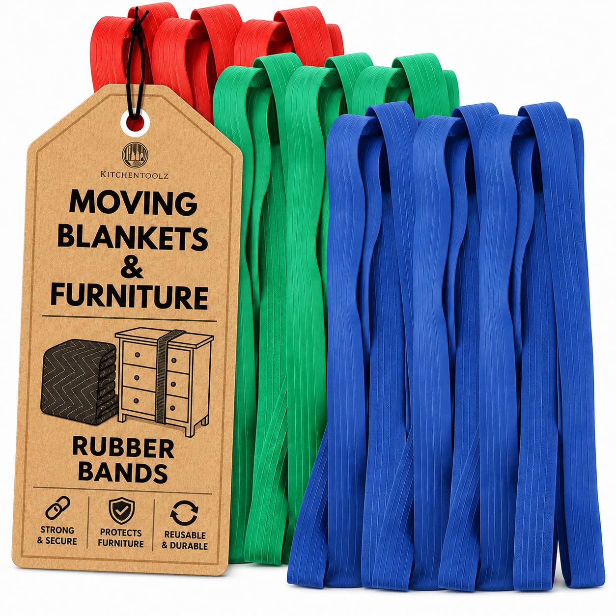 kitchentoolz paquete frontal mostrando 12 bandas resistentes para mudanza