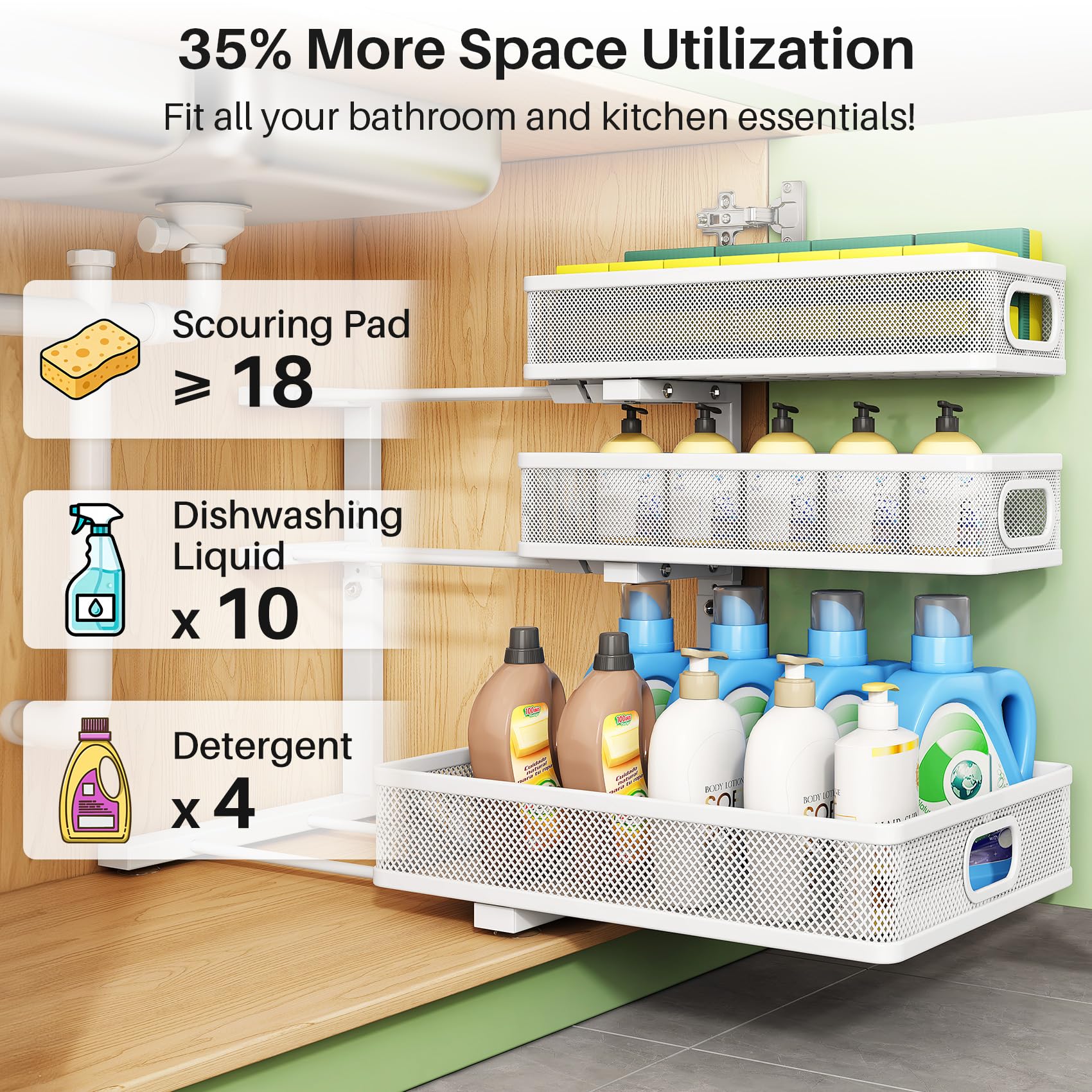 Kitstorack usado en cocina con botellas y frascos organizados y visibles