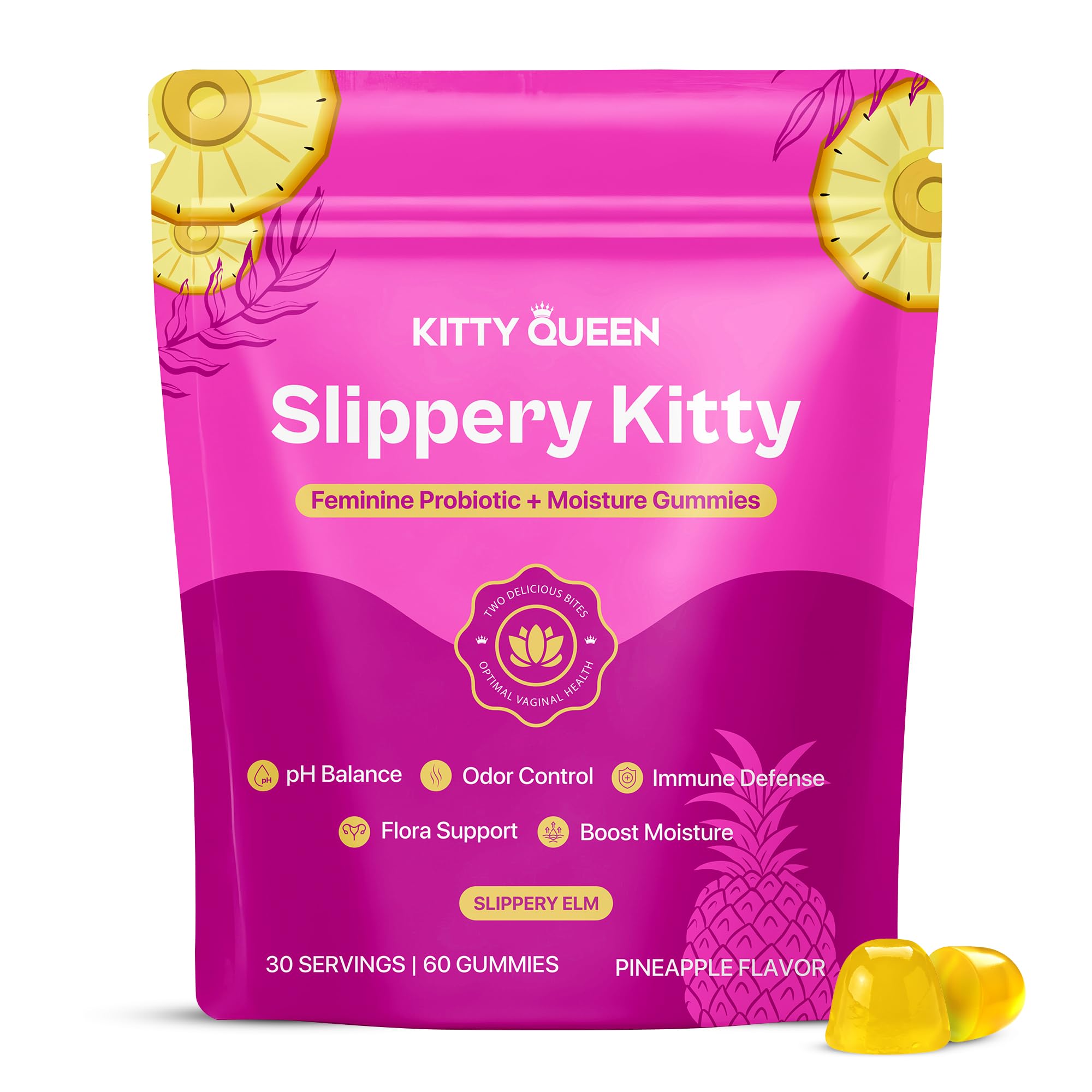 KITTYQUEEN frente del empaque mostrando 60 gominolas y beneficios visibles