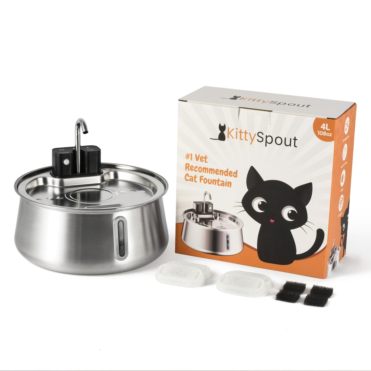 KittySpout vista frontal en acero inoxidable muestra diseño durable y elegante