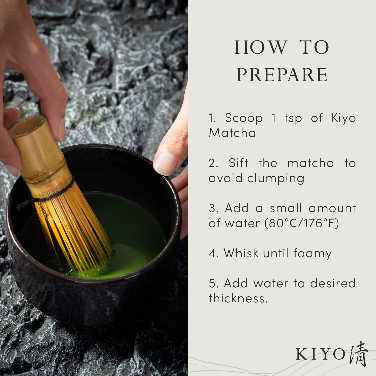 Kiyo Matcha lata 40 g junto a objetos para comparar tamaño práctico