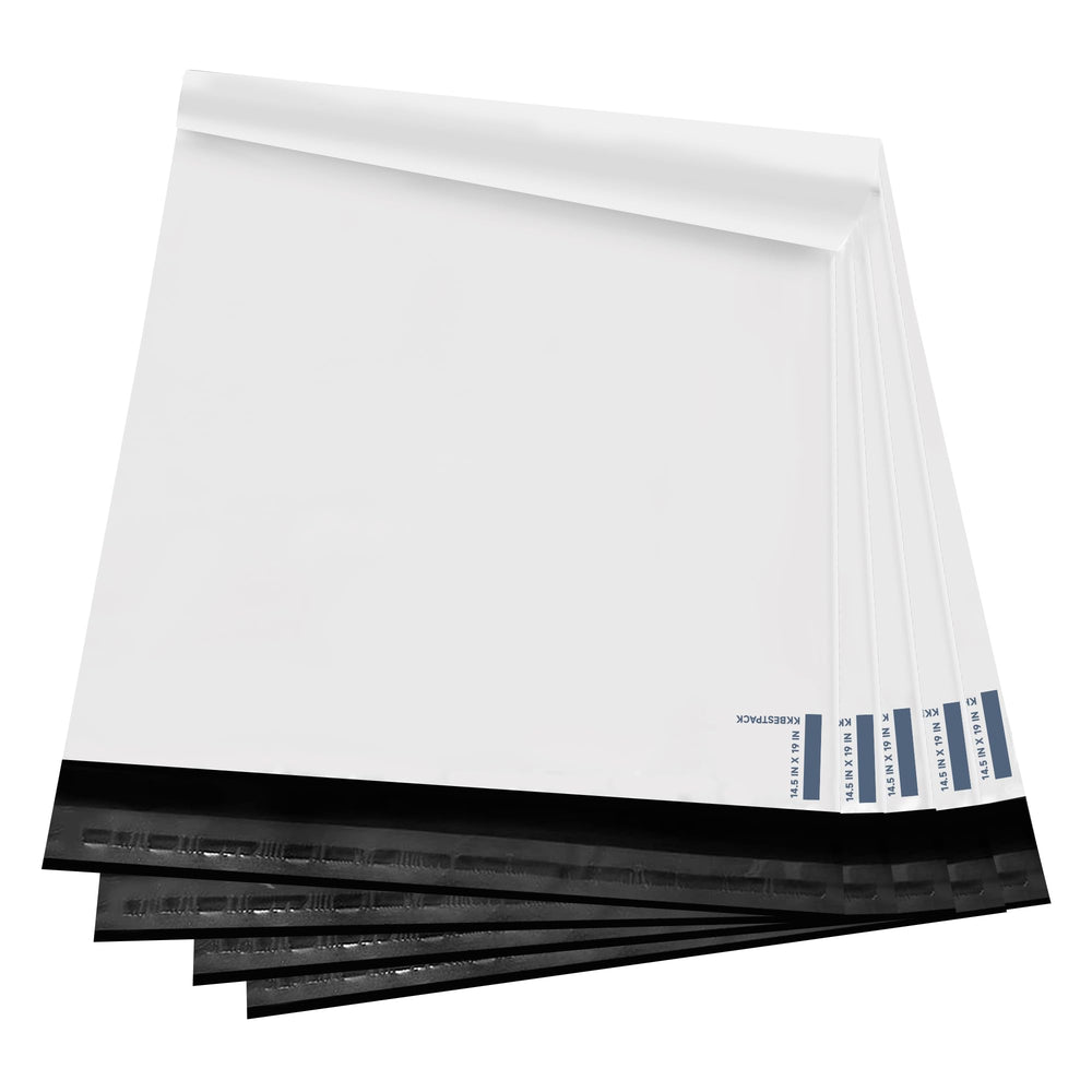 KKBESTPACK front view of white poly mailer showing flap and secure adhesive