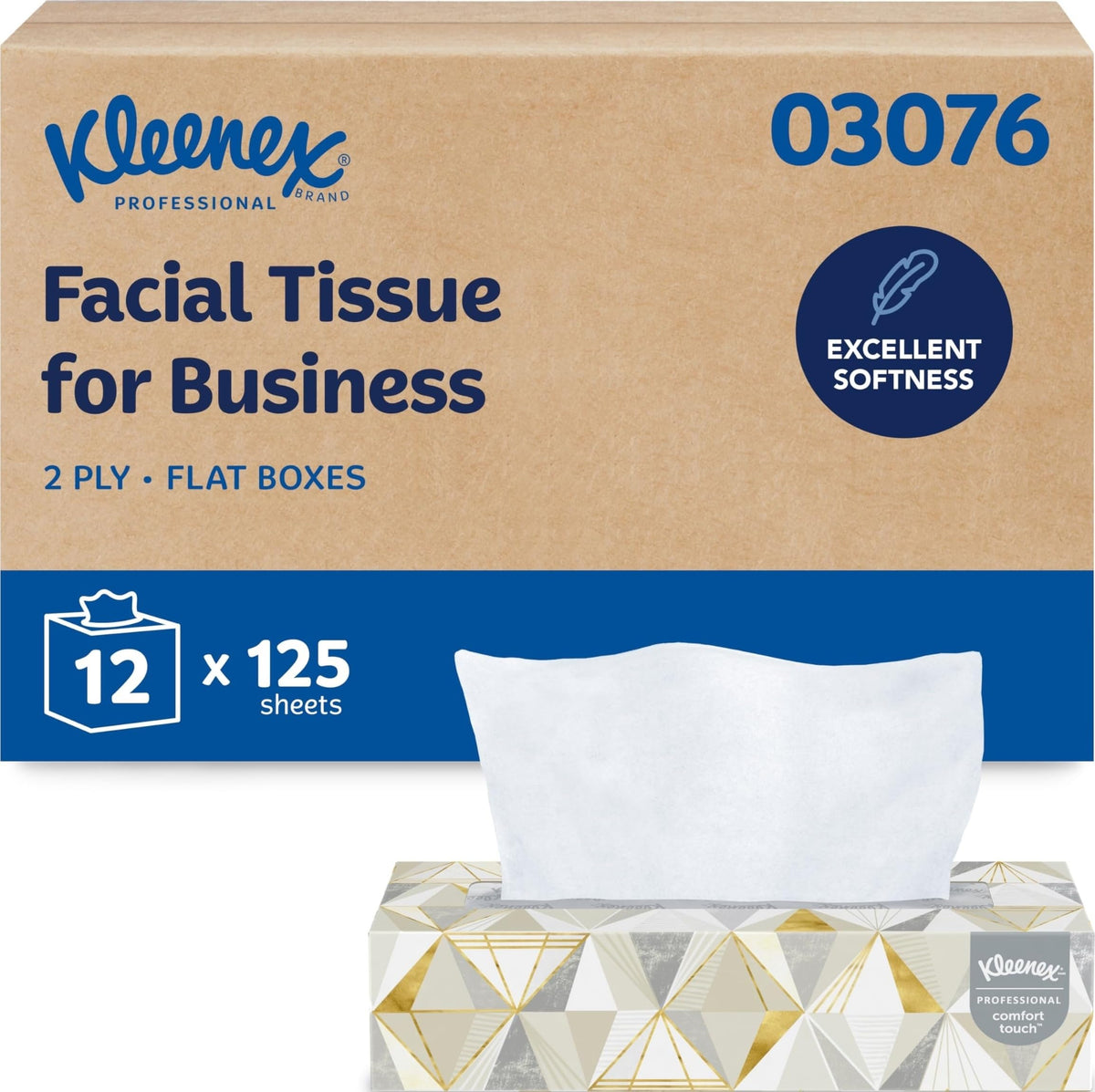 Kleenex caja plana frontal mostrando diseño limpio y accesible para negocios