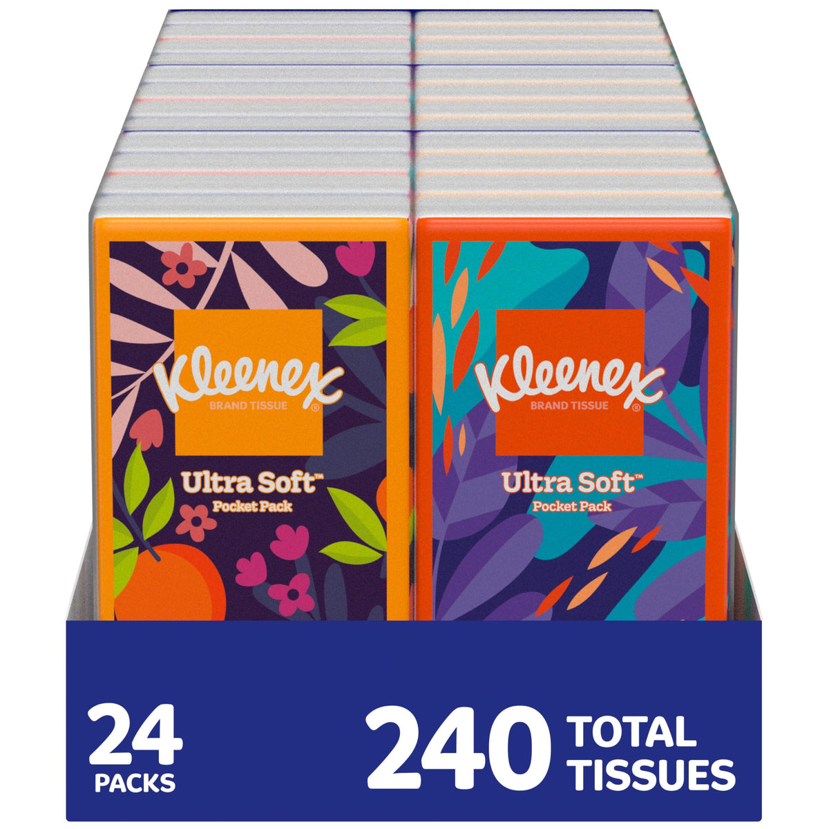 Kleenex empaque frontal de viaje mostrando 10 pañuelos por pack y portabilidad