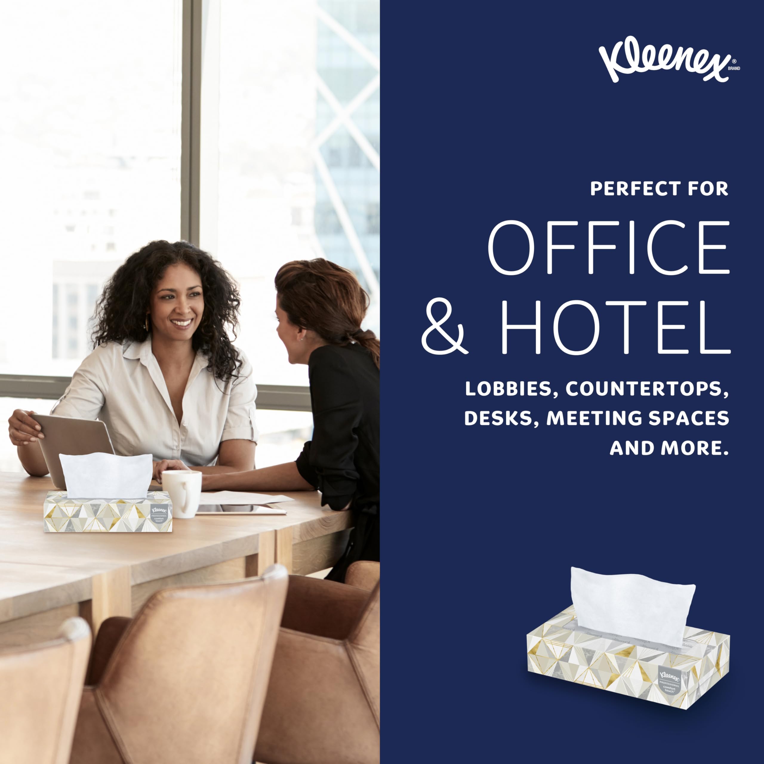 Kleenex uso en clínica sobre mostrador transmitiendo confianza profesional