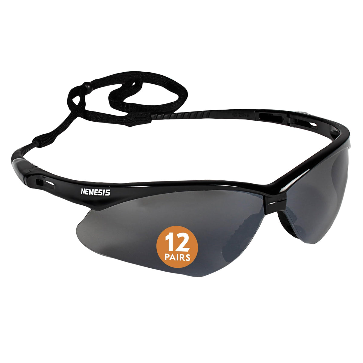 KleenGuard gafas Nemesis vista frontal mostrando la montura negra y lentes ahumadas, protección y estilo