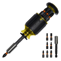 Klein Tools vista frontal del destornillador stubby y embalaje, herramienta lista para trabajo