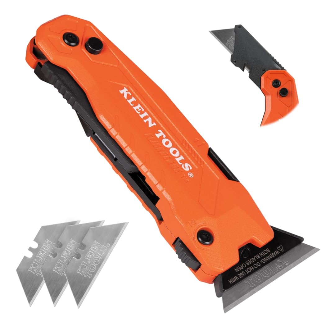 KLEIN TOOLS vista frontal del FLICKBLADE mostrando diseño 2 en 1 y manejo seguro