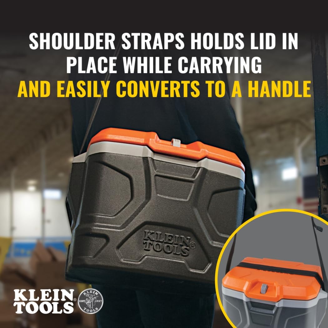 Klein Tools usado como asiento en obra, soporte seguro hasta 300 lb