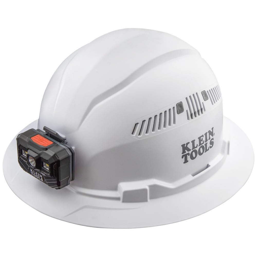 Klein Tools casco frontal blanco mostrando protección y estabilidad