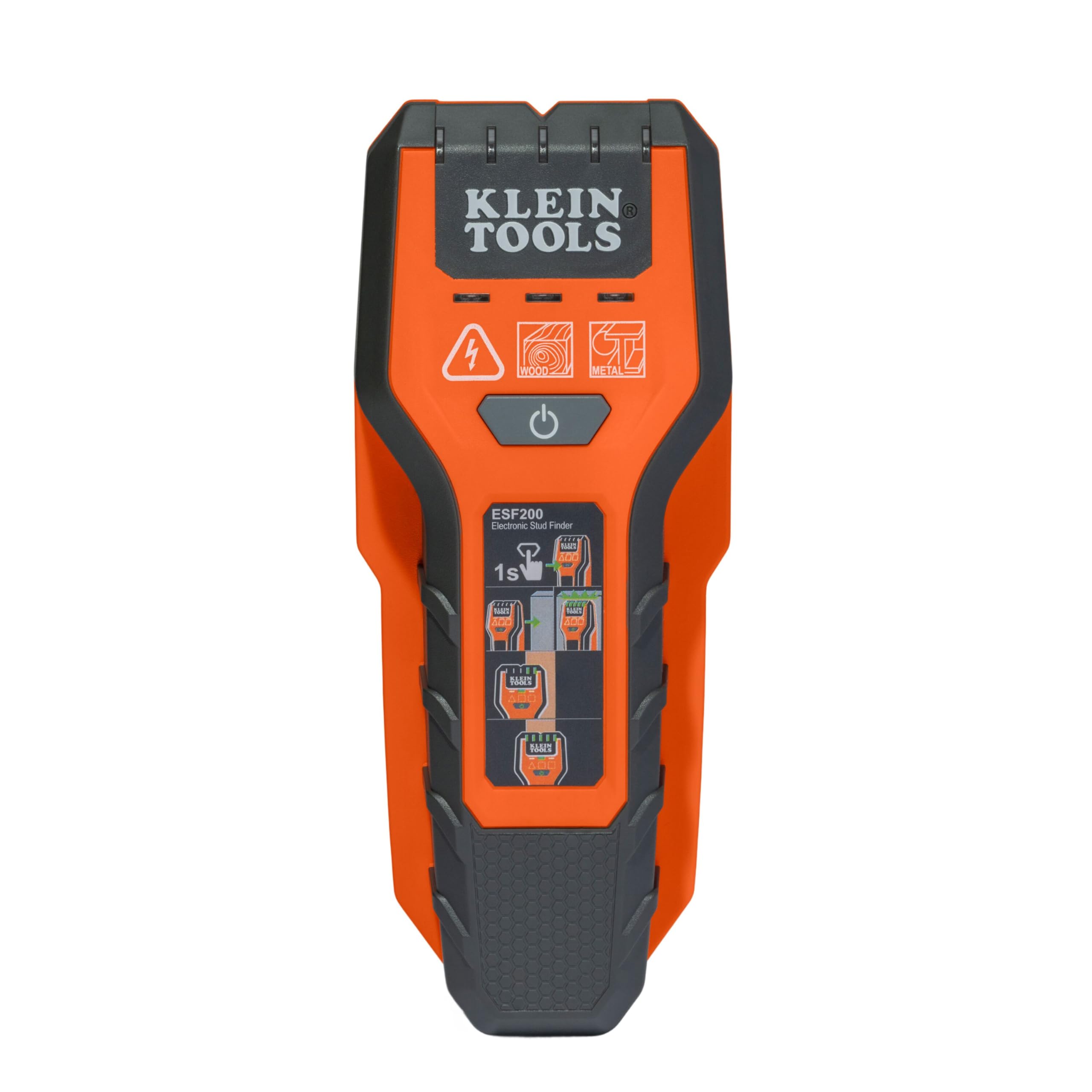 Klein Tools ESF200 frontal mostrando indicadores LED y beneficio de precisión