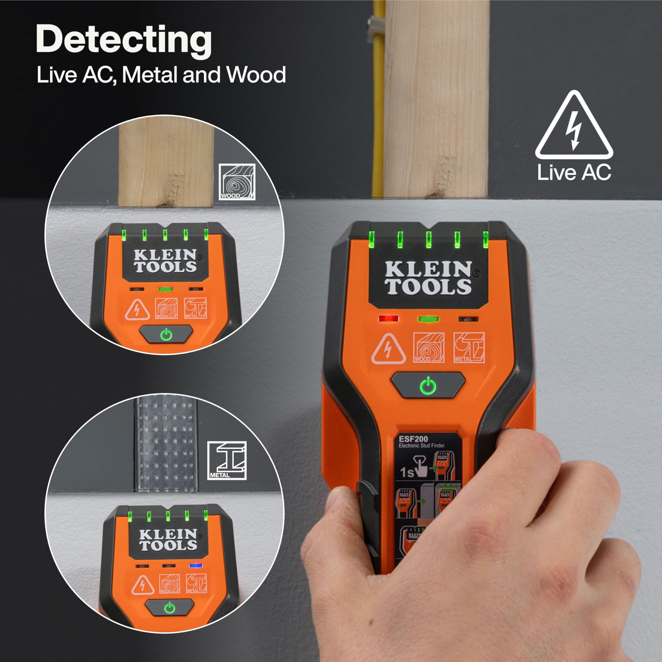 Klein Tools ESF200 en uso con una mano para escaneo rápido y cómodo