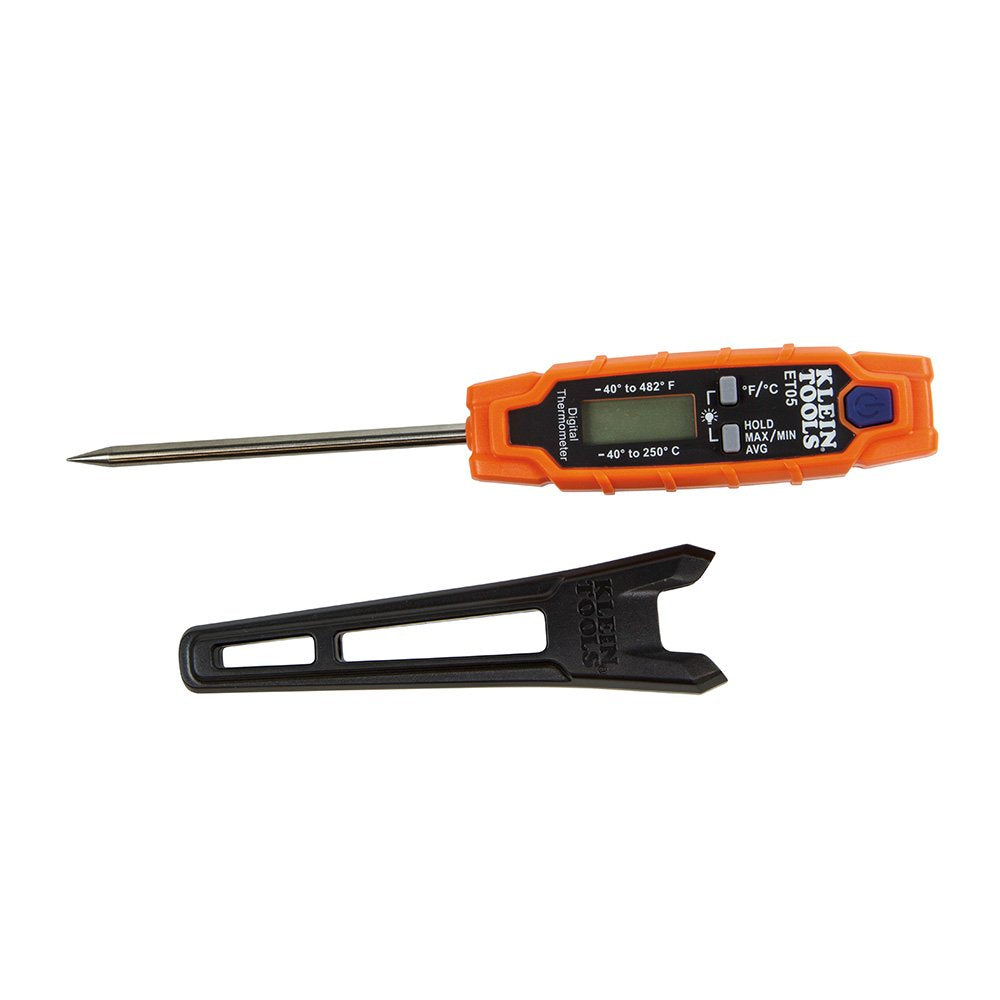 Klein Tools ET05 etiqueta con rango de medición y especificaciones técnicas