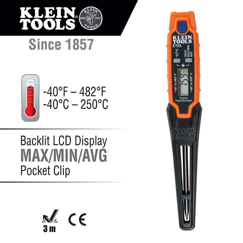 Klein Tools ET05 pantalla retroiluminada mostrando lectura legible en obra