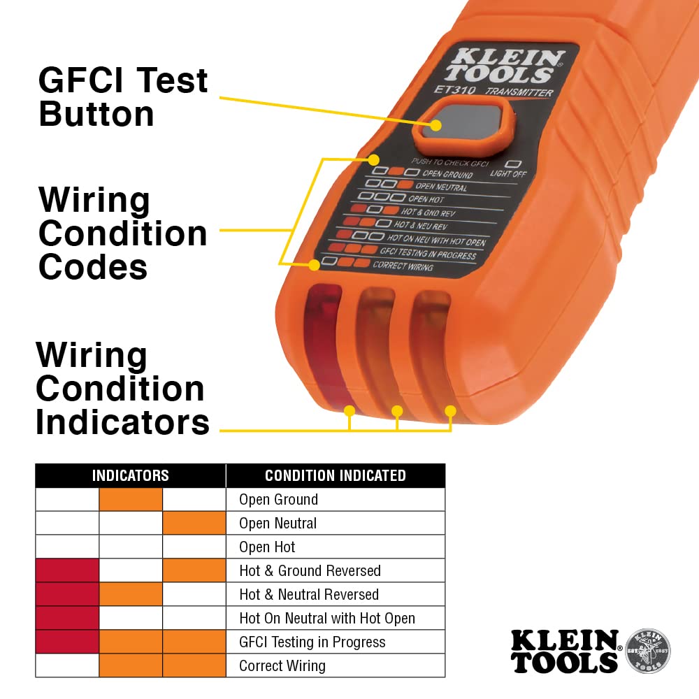 Klein Tools ET310 Receiver detalle de indicadores sonoros y visuales