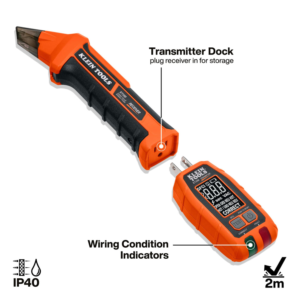 Klein Tools ET350 comparación de tamaño en mano de técnico, demuestra portabilidad y ergonomía
