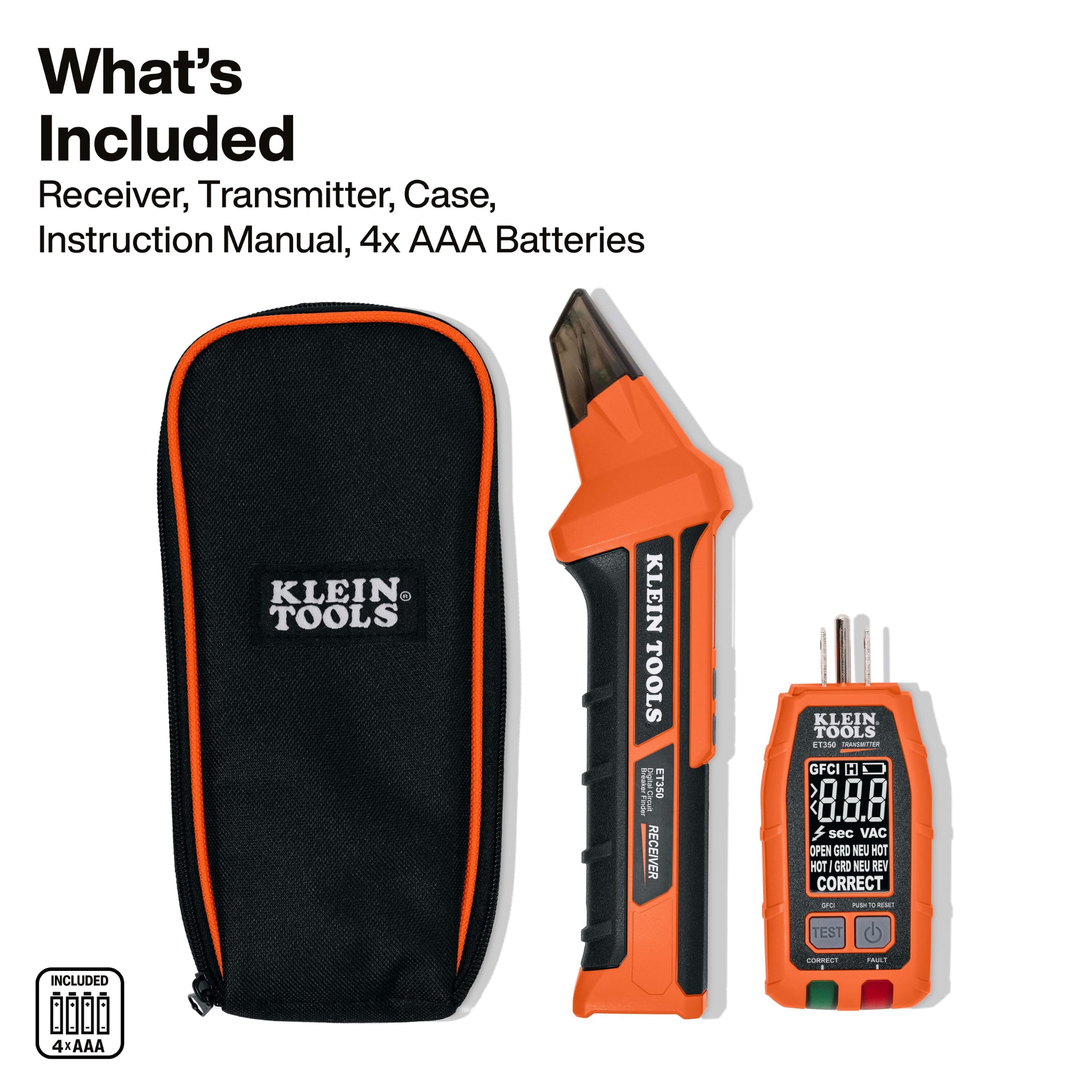 Klein Tools ET350 transmisor detalle de conexiones en toma, ayuda a diagnosticar fallas eficientemente