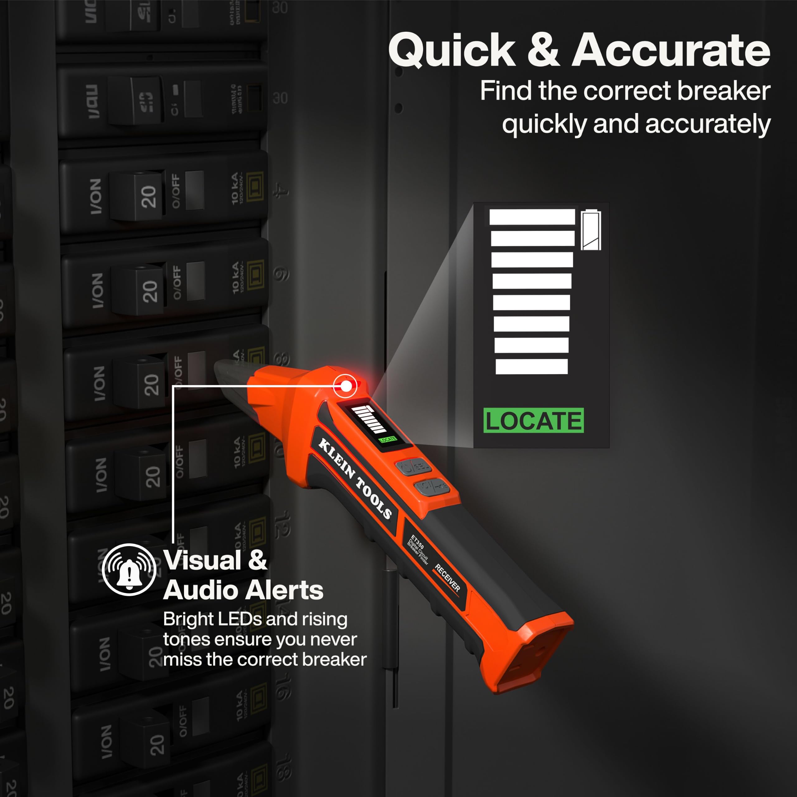 Klein Tools ET350 localizando disyuntor en cuadro eléctrico, confirma rápidamente el interruptor correcto
