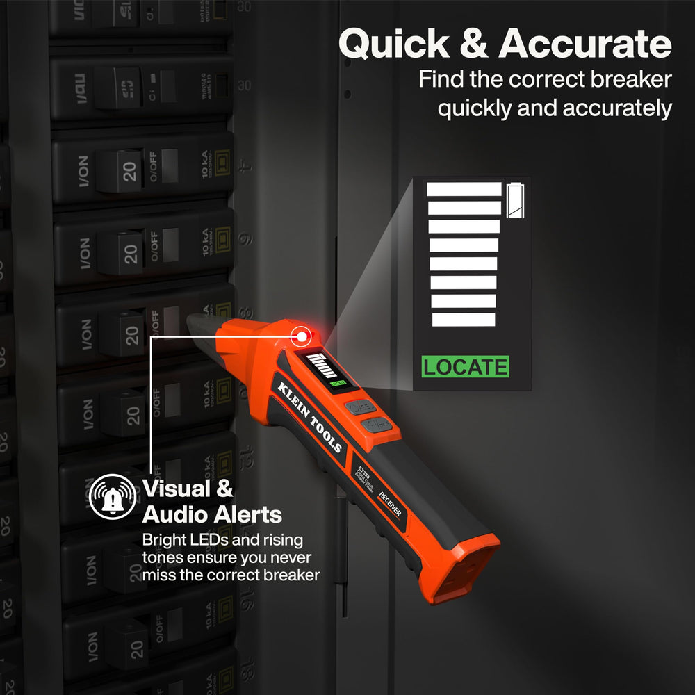 Klein Tools ET350 localizando disyuntor en cuadro eléctrico, confirma rápidamente el interruptor correcto