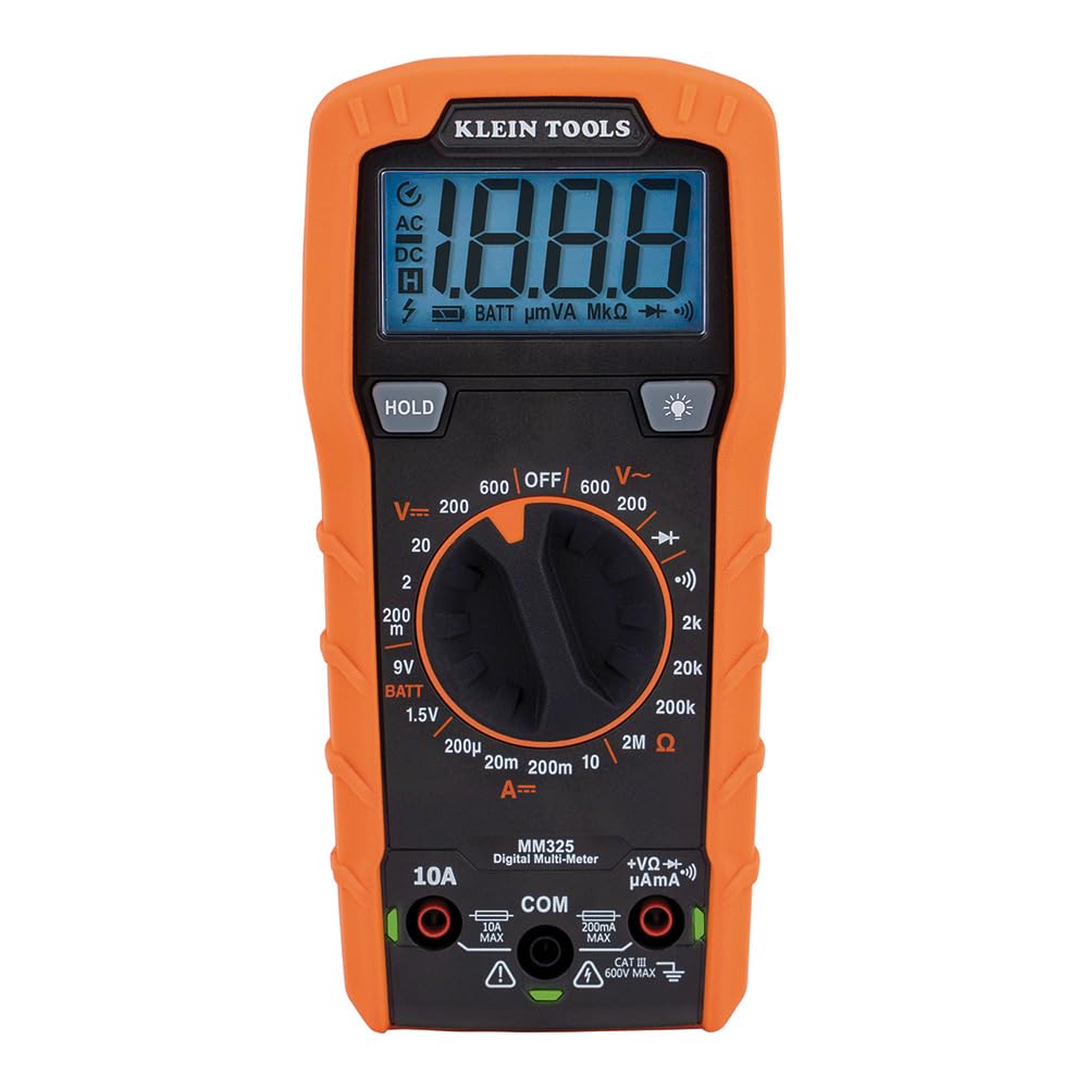 Klein Tools MM325 vista frontal con pantalla y selector, lectura rápida