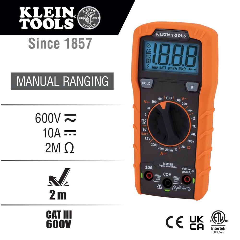 Klein Tools MM325 detalle del panel con dial y símbolos claros para precisión