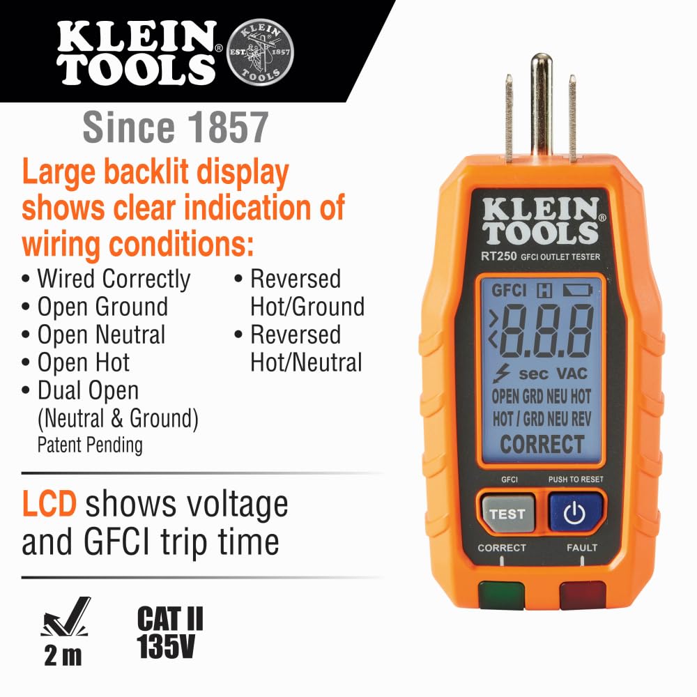 Klein Tools RT250 conectado a una toma realizando prueba GFCI segura