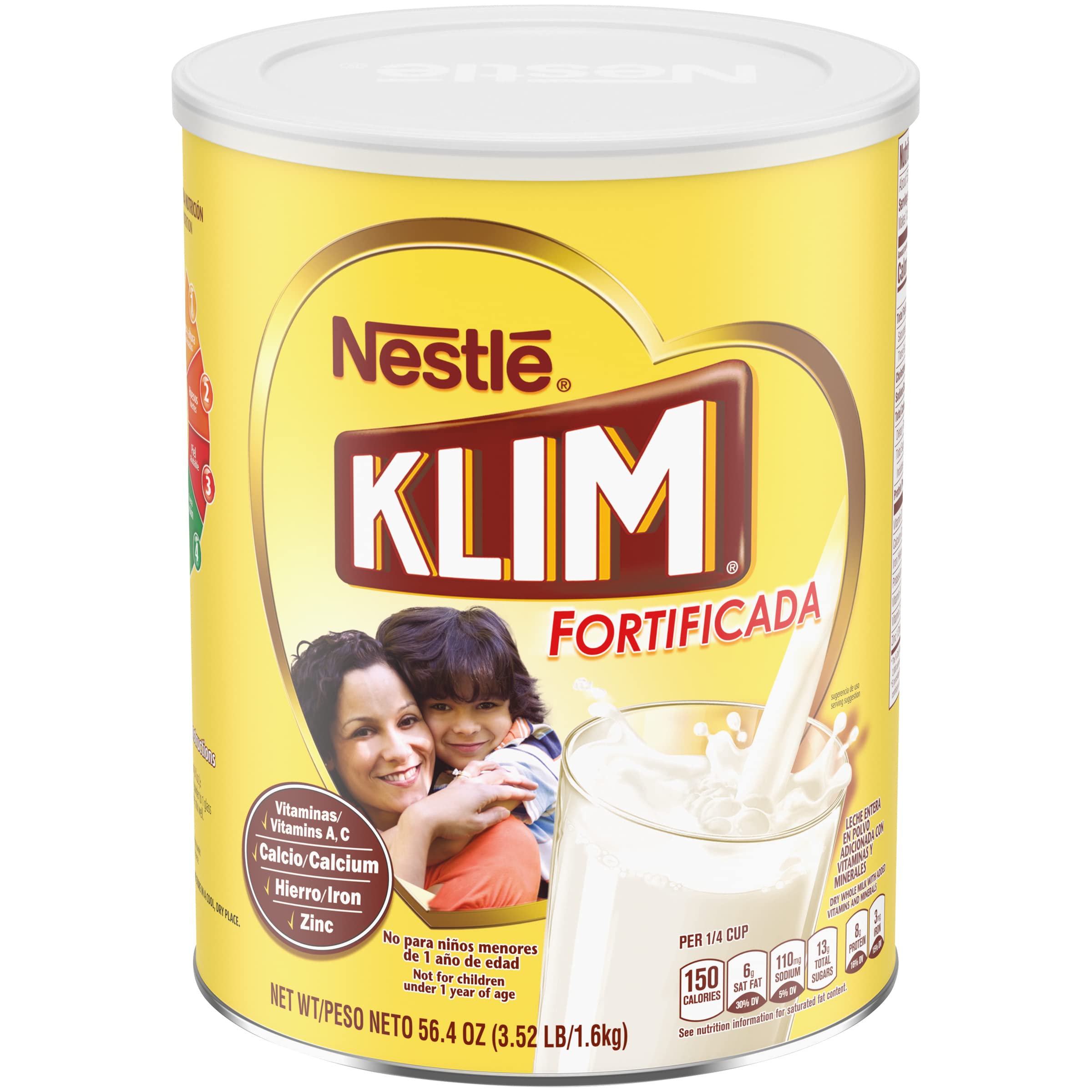 KLIM envase frontal de 56.4 oz mostrando la marca y fortificación