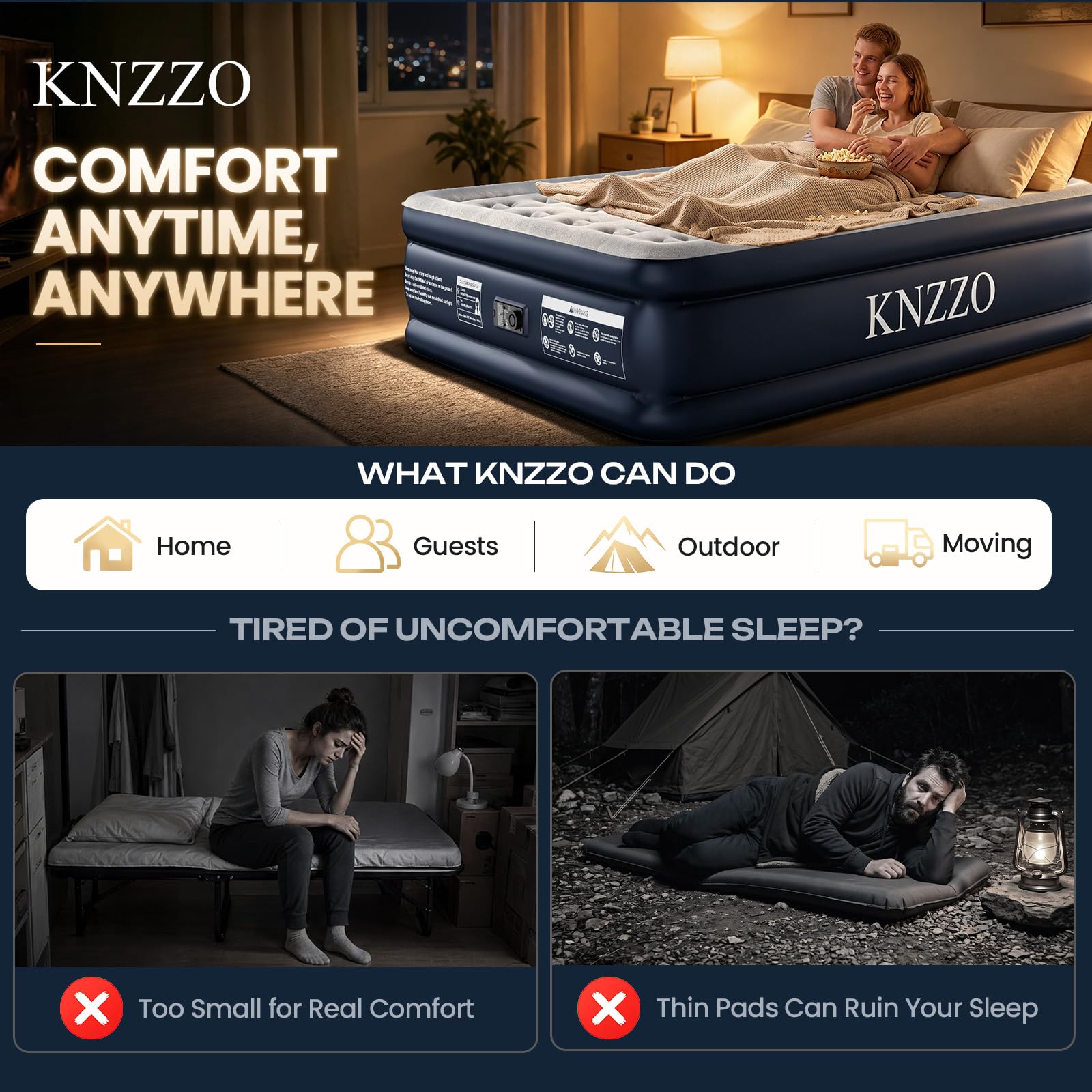 KNZZO comparación de tamaño queen junto a una mesa para escala