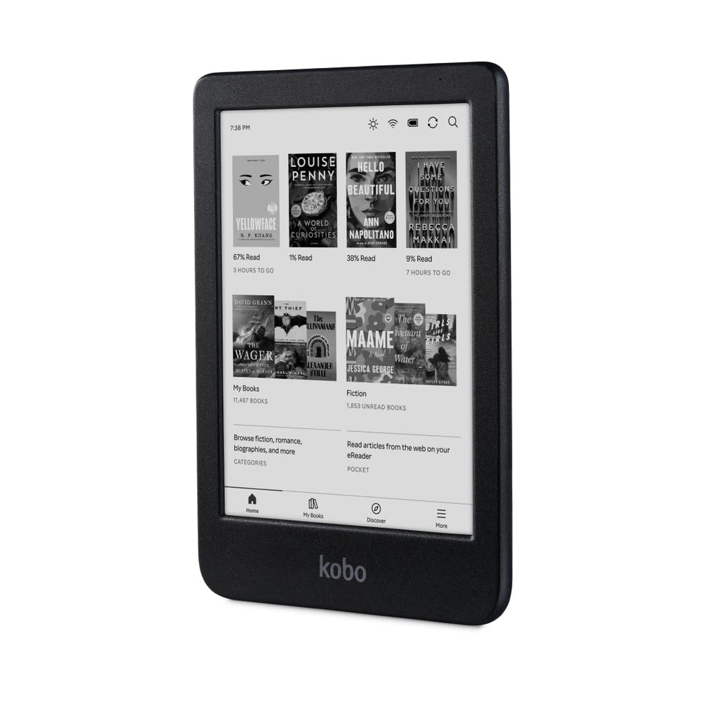 Kobo Clara BW primer plano de pantalla E Ink mostrando texto claro