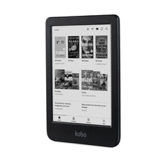 Kobo Clara BW primer plano de pantalla E Ink mostrando texto claro