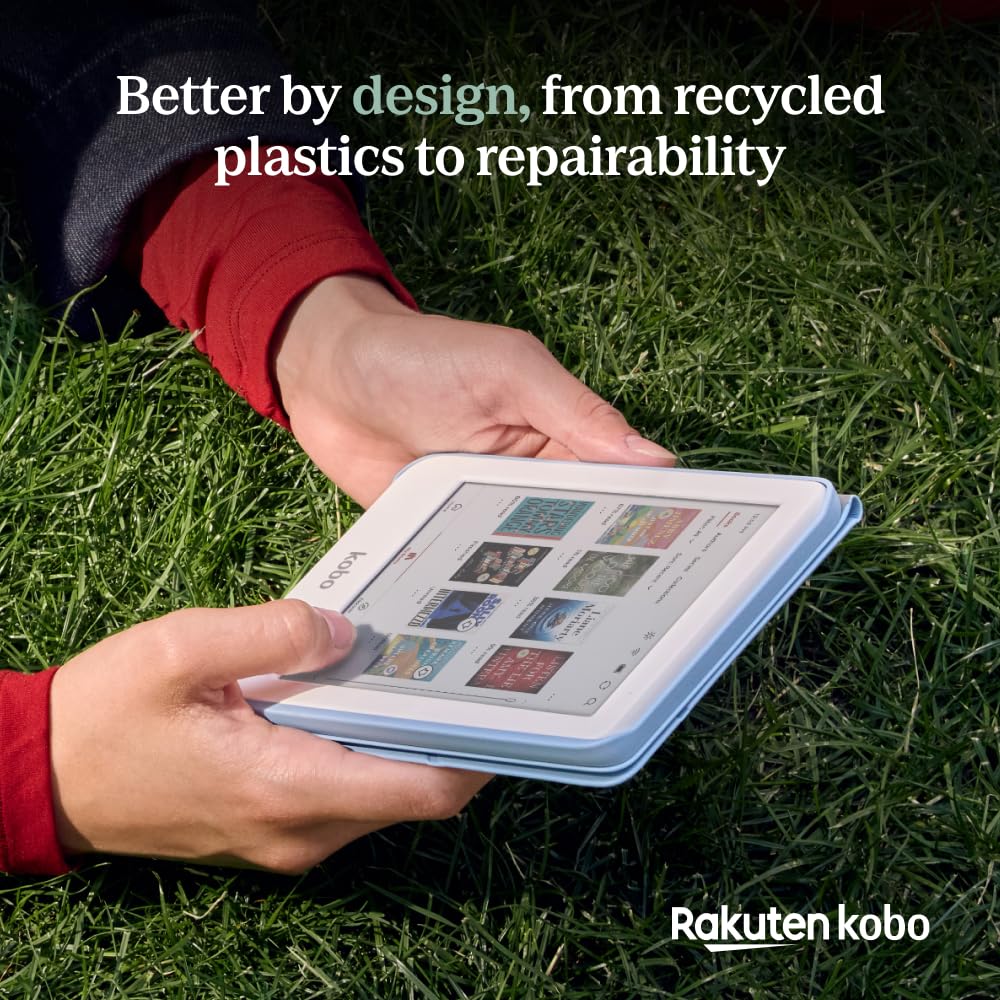 Kobo Clara Colour reproduciendo audiolibro con auriculares Bluetooth conectados
