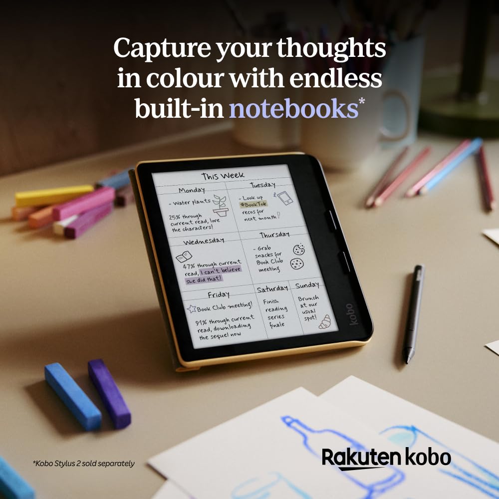 Kobo Libra Colour back showing recycled material label and sustainable design benefit